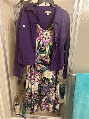 Beautiful colorful summer dress with jean jacket.